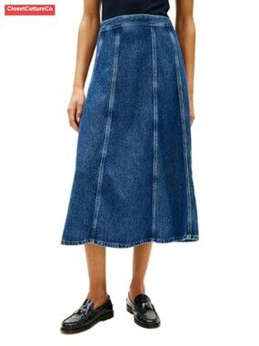 High Waist Denim Flared Midi Skirt with Zipper, Lyocell, Wear to Work